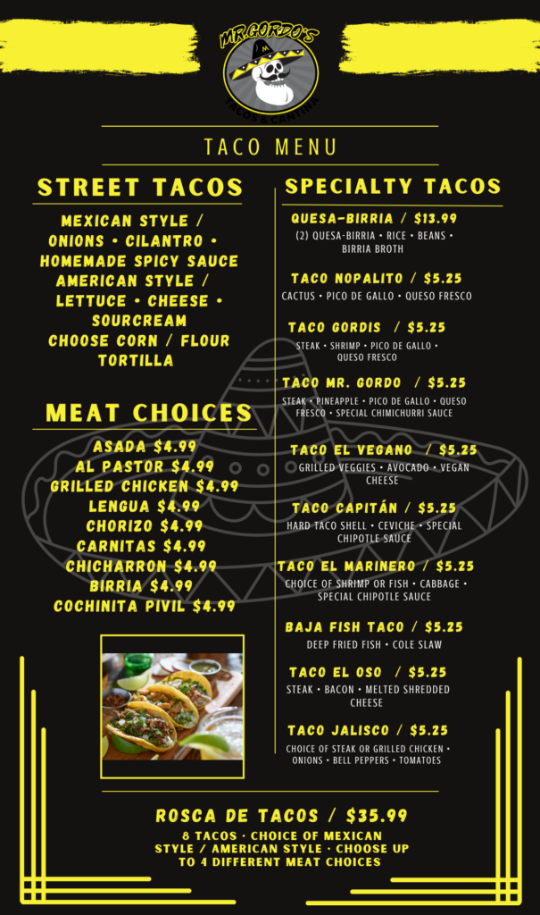 Menu – Mr. Gordo's Tacos and Cantina